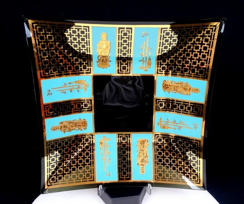 VINTAGE ORIENTALISCHE KUNST GLAS VERGOLDET CHINESISCHE GÖTTIN UND BAMBUS 11 1/4" SCHALE - Bild 2 von 9