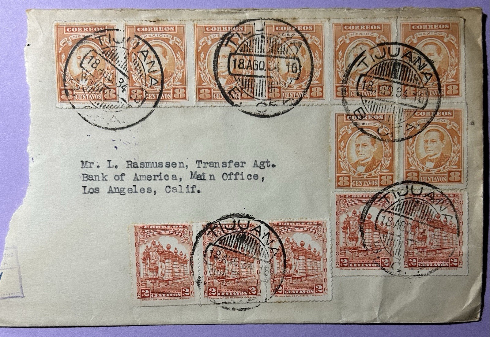 Mexico Mail Covers: Tijuana To Los Angeles Postmarked August 18 1934