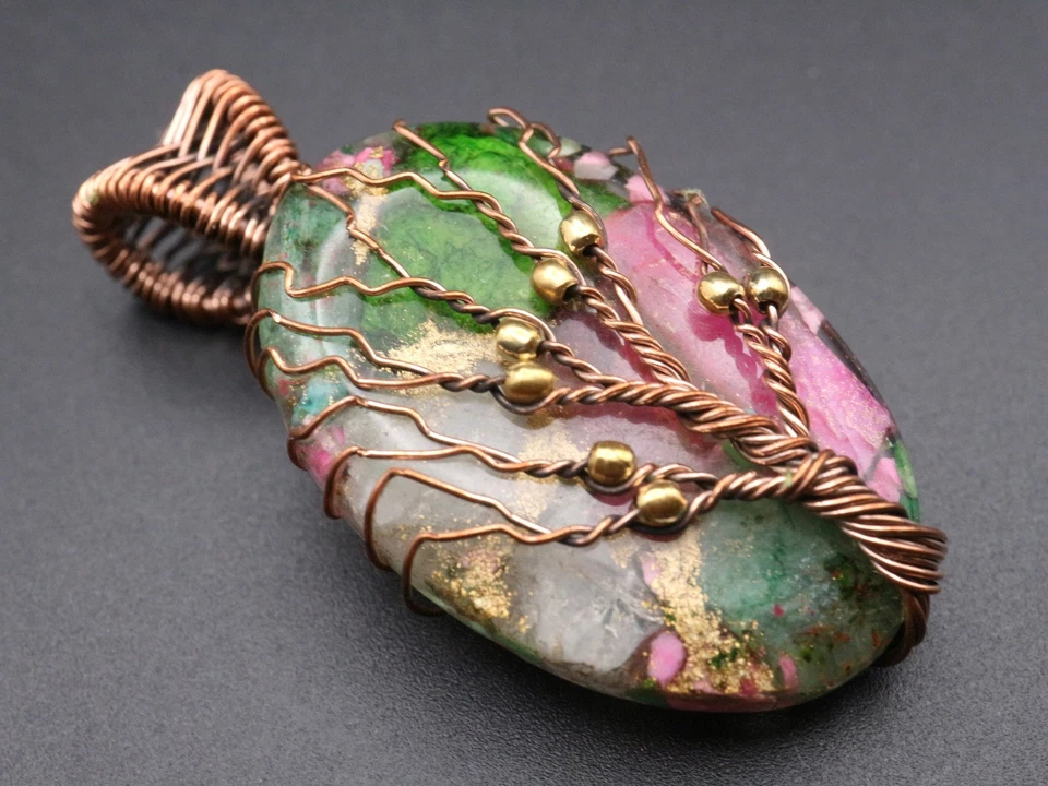 GJ69 GW AUSTER TÜRKIS  KUPFER-DRAHT EDELSTEIN-ANHÄNGER +TOP +KETTE / LEDER! - Bild 2 von 2