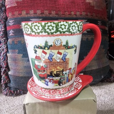 Santa SItting By The Fireplace Holiday 16oz Mug With Coaster/Lid Temp-tations
