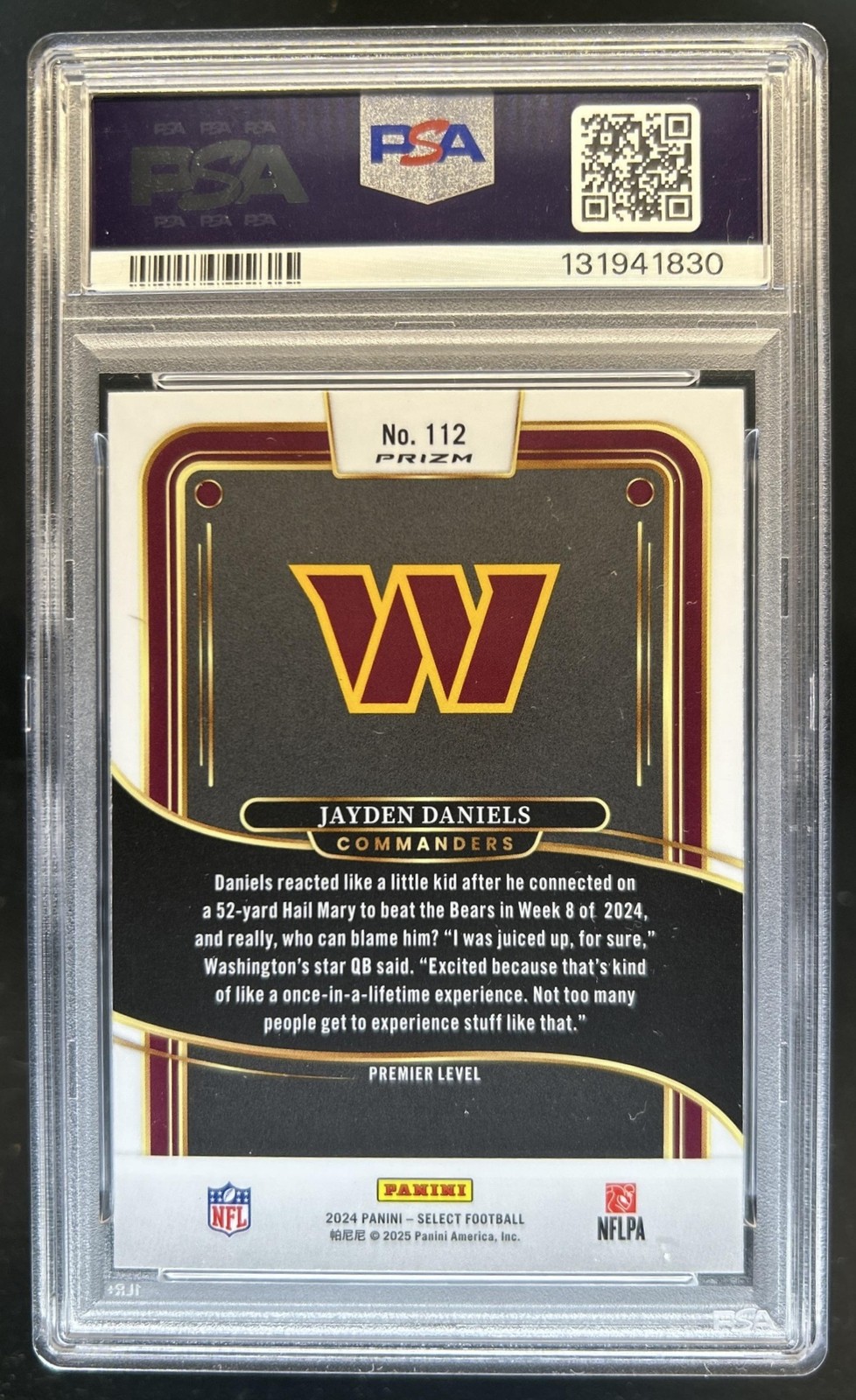 2024 Select Jayden Daniels Premier RC Black and Red Prizm Shock #112 PSA 9 view 2