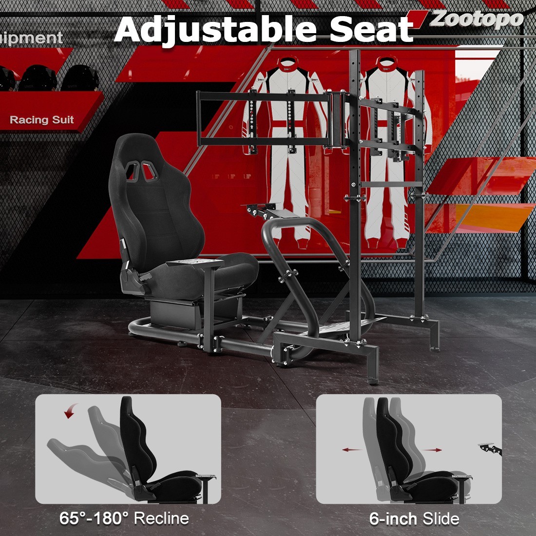 Zootopo Racing Sim Cockpit With Black Seat & Triple TV Stand Fits Thrustmaster