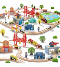 118Pcs Wooden Train Set for Kids, Wood Train Track Set Train Railway Accessor...