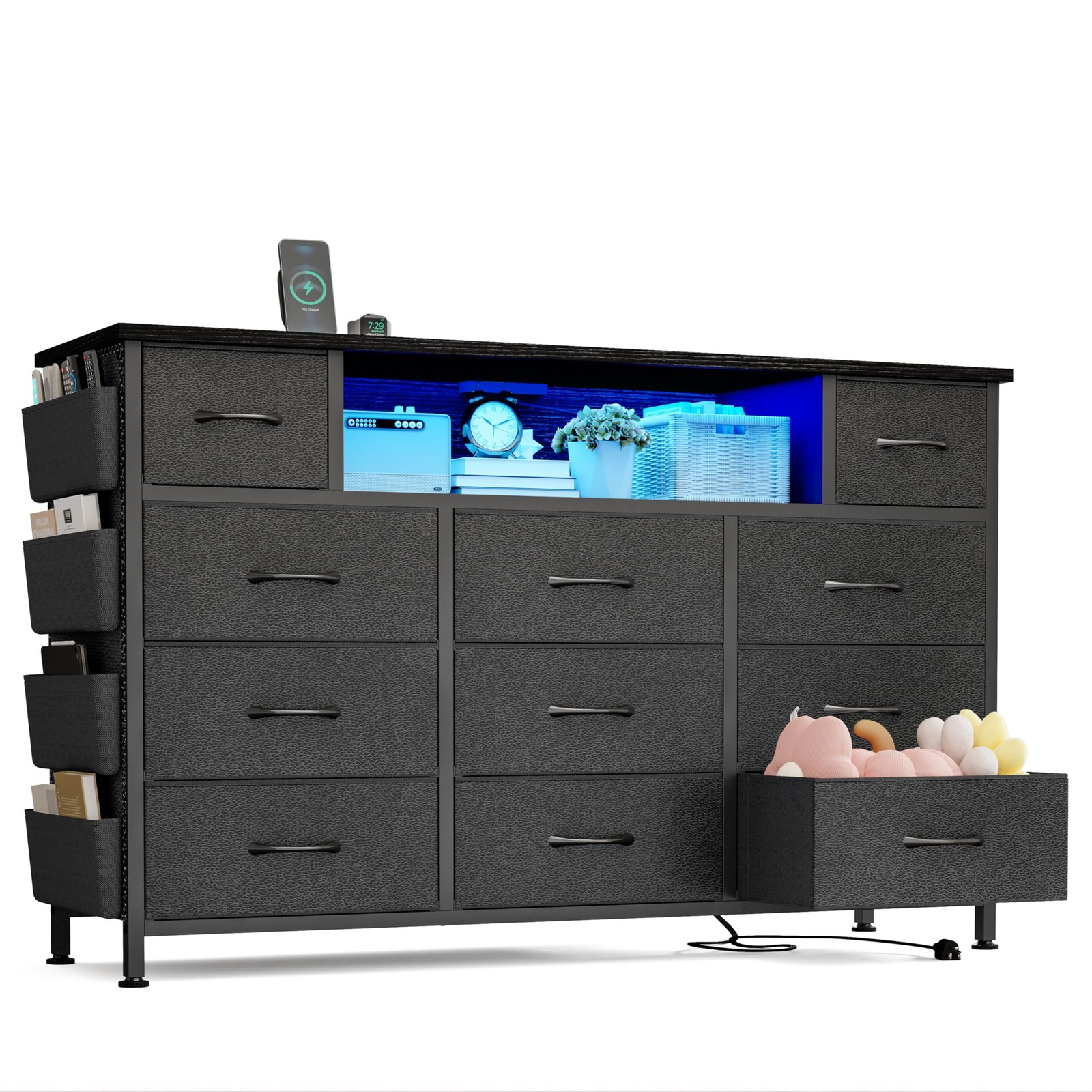Black Dresser with 11 Drawers Power Outlets LED Lights for Bedroom Storage