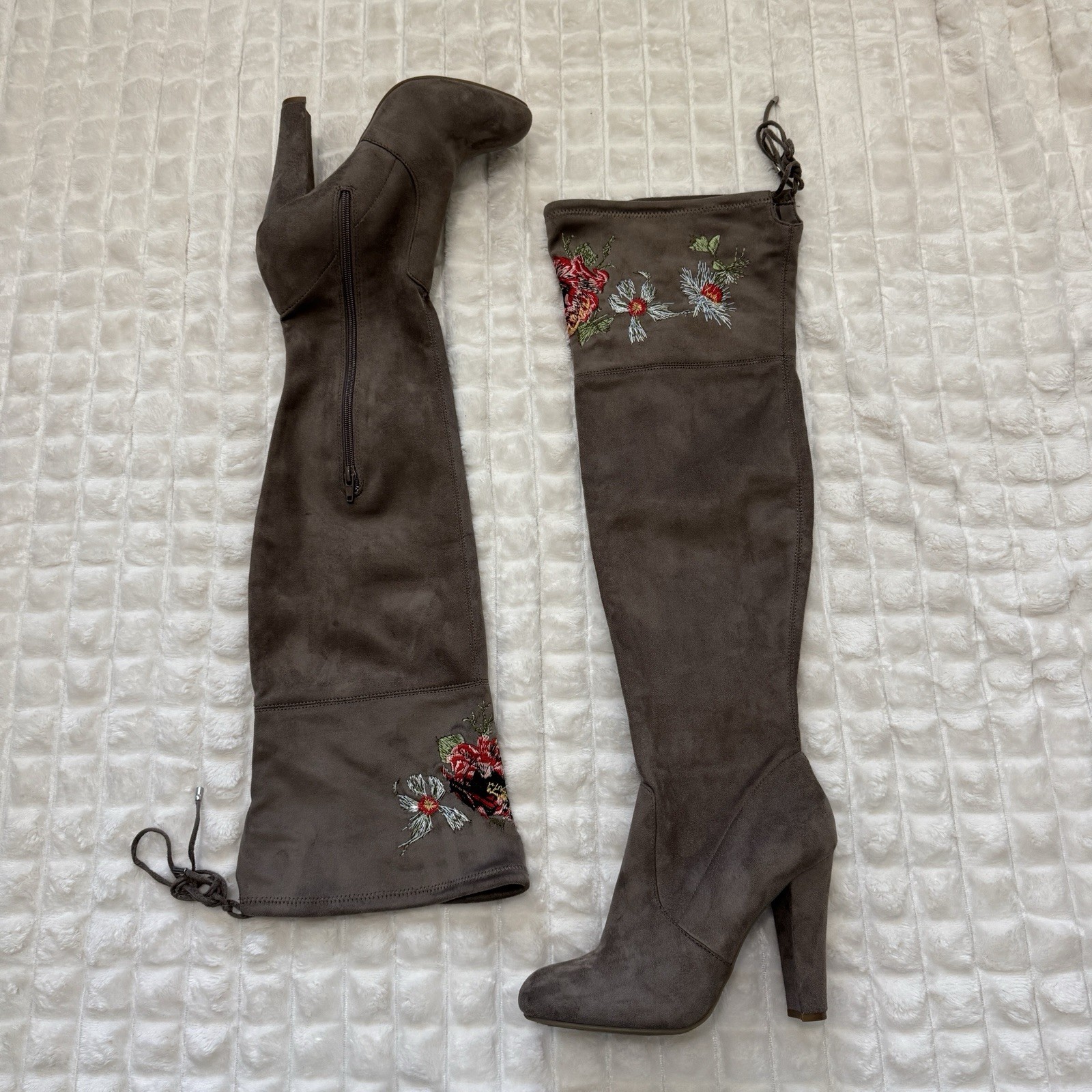 ZIGI SOHO 9 Bryna Floral Embroidered Zip Over the Knee Heeled Boots Suede Boho