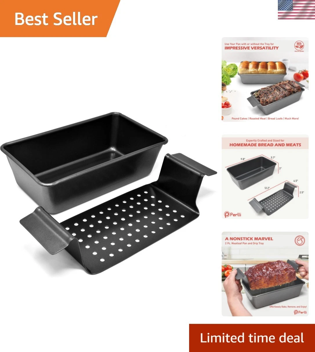 Meat Loaf Pan with Drip Tray – 2 Pc. 9.8 x 5.7 In. High-Carbon-Steel Nonstick...