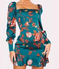 Pretty Little Thing Emerald Floral Dress 8 Cottagecore Puff Sleeve satin Holiday