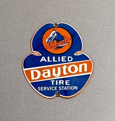 VINTAGE DAYTON ALLIED TIRES PORCELAIN SIGN CAR OIL  GAS TRUCK MOTORCYCLE