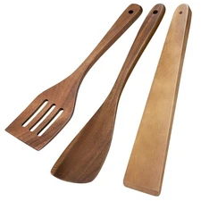 3 PCS Acacia Wood 12 Inch Long Handle Flat Frying Turner Spatula Set Tools