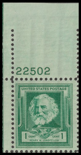 US 864 Famous Americans Poets Henry Longfellow 1c plate single UL 22502 MNH 1940 - 第 1/1 張圖片