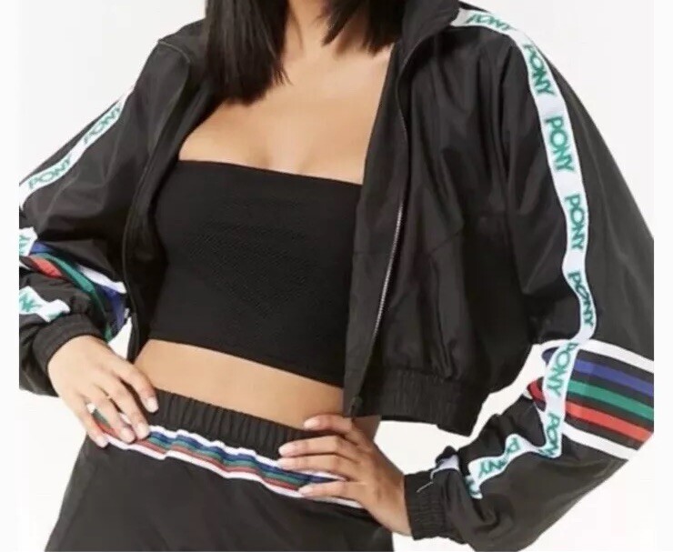 Giacca a vento Pony x Forever 21 cropped nera retrò a righe taglia M nuova senza etichette Y2K