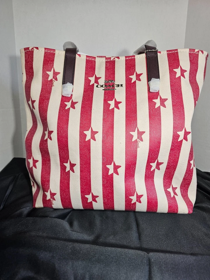 NWT Coach X-Lg Tote with Stripe & Star Print Shoulder Bag Canvas & Leather ⭐