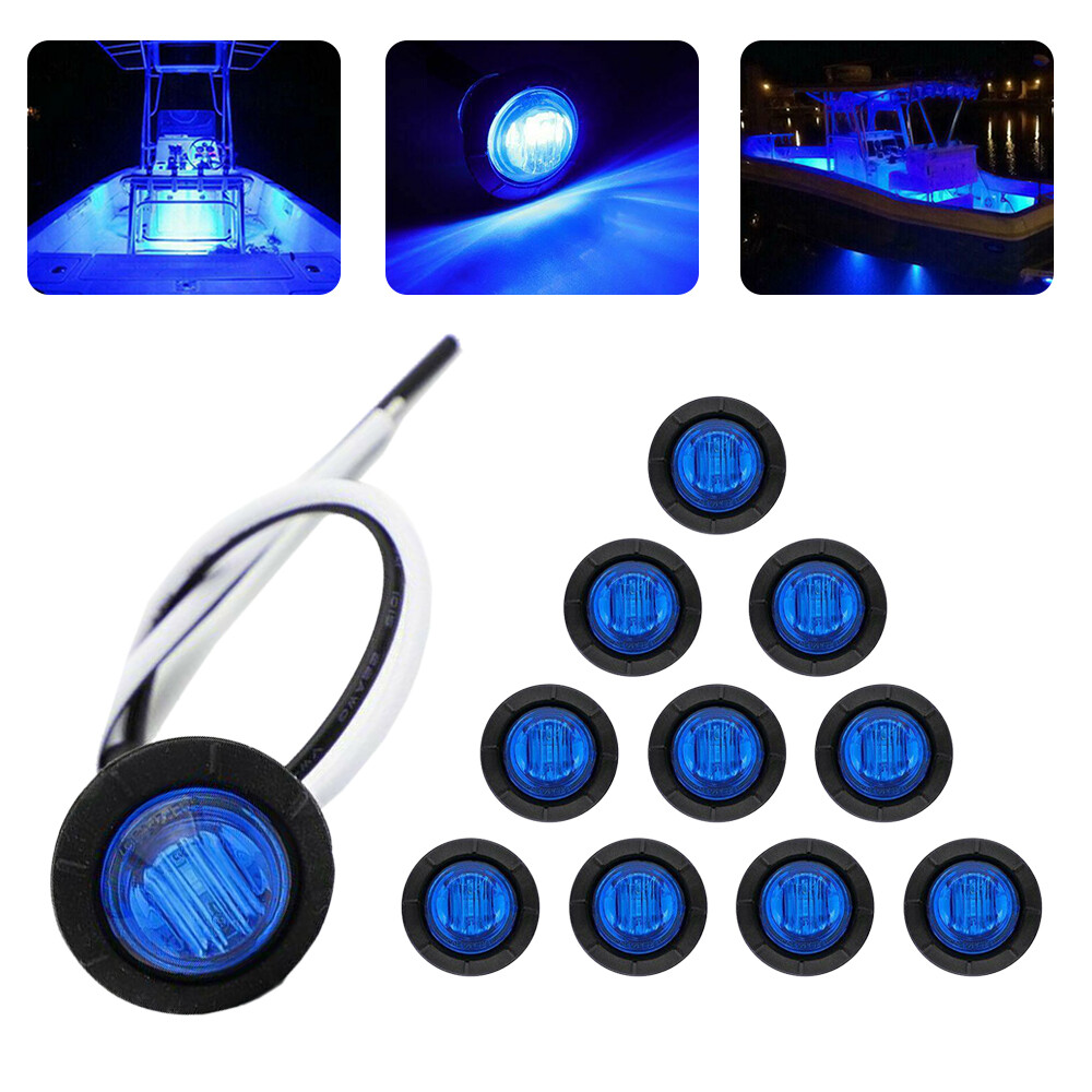 10 x 1" Inch Clear Blue LED Round Clearance Side Marker Lights Truck Trailer 12V