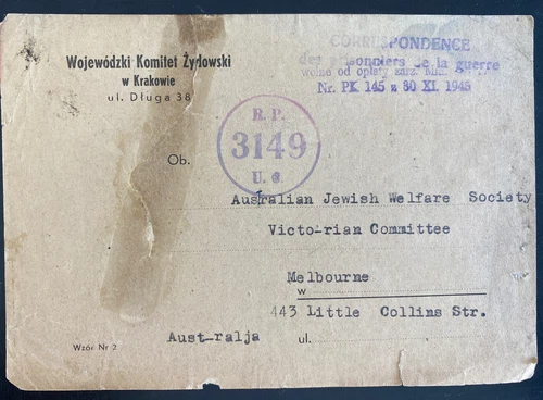 1946 Krakow Poland Postcard Cover To Jewish Welfare Melbourne Australia