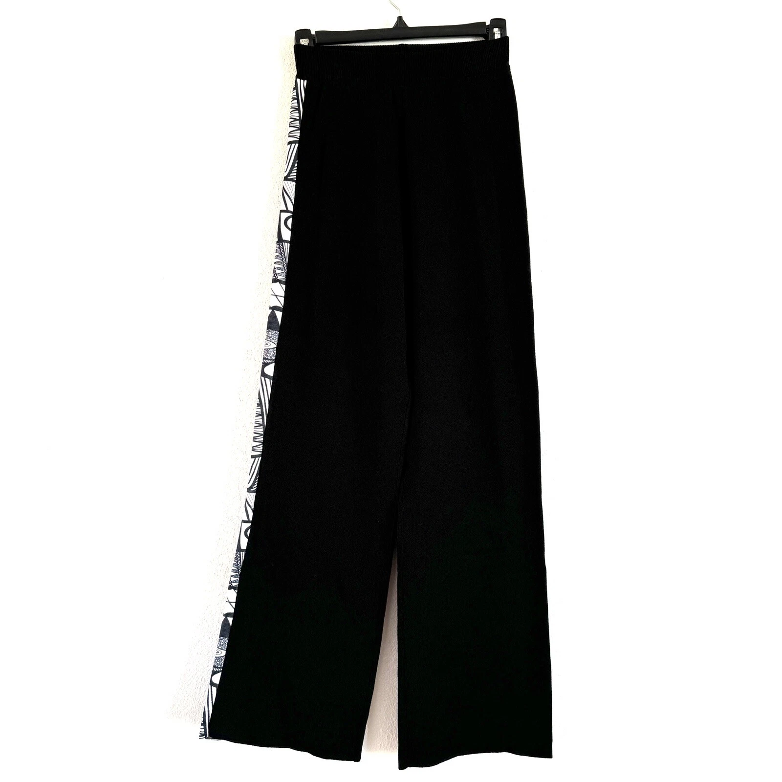NWOT Fuzzi Italy Size XS Knit One Side Print Panel Wide Leg Pants Trousers Black