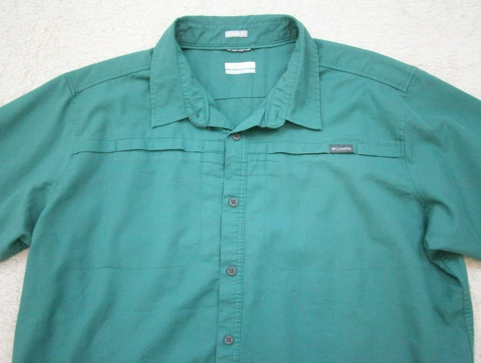 XXL Columbia 短袖男式绿色 2 口袋男式棉混纺正装衬衫 TT3 — 第 3/4 张图片