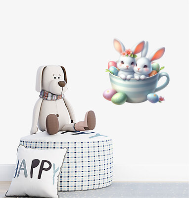 Osterhase Hase in Tasse Blumenei Wandbild Laptop Vinyl Aufkleber Abziehbilder a9961