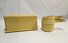 Lot Vintage Tupperware 4 Gold Measuring Cups 762, and Butter Cheese Keeper 638