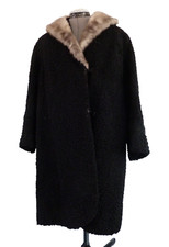 Vintage Black Curly Lamb Cocoon Coat with Mink Collar Style Fur Shop L Flaws