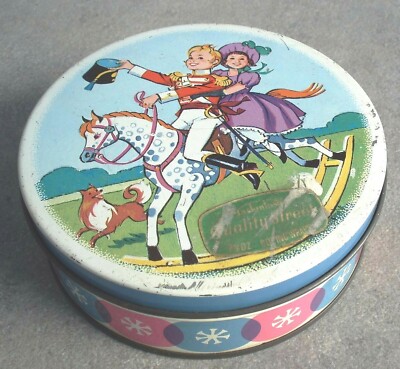 MACKINTOSHS QUALITY STREETS VINTAGE LITHOGRAPHED TIN BOX KIDS HORSE TIN BOX
