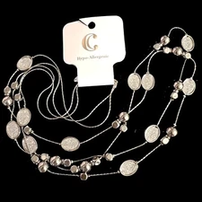 Charming Charlie Long Silver Tone 2 Strand Oval Disc Bead Station Necklace NWT