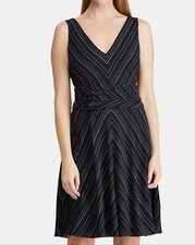 Ralph Lauren Dress 12 Blue White Stripe V Neck A Line Washable Sleeveless V $145