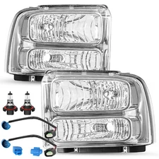 Chrome Excursion Halo Headlights For 1999-2004 Ford F250 F350 Super duty w/Bulb