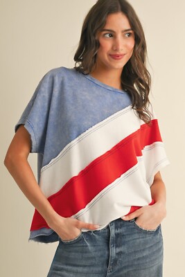 Anniewear Colorblock Short Sleeve Washed Cropped Top