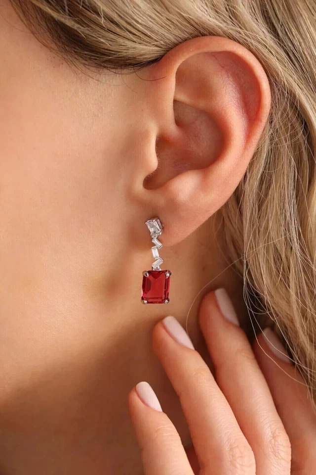 14k White Gold Plated 3.20Ct Emerald Cut Simulated Red Ruby Drop/Dangle Earrings - Image 2 of 4