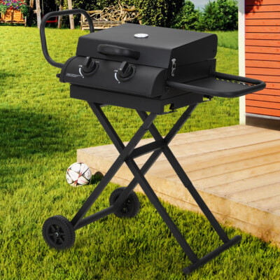 Gas BBQ Grill Garden Barbecue Cooker Folding Gas Griddle on Wheels Party  Camp UK