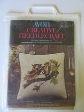 Vintage 70's AVON "Owl Mates" Pillow Creative Crewel Embroidery 14" DIY NOS Bird