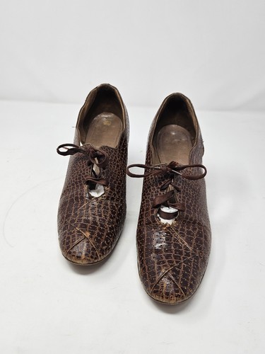 Vintage 1930s 40s Leather Pumps Heels Retro Lace Up Peal a Boo Sides Size 5.5 - Picture 4 of 13