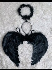 Image of Black Angel Wings Black Halo Halloween Kkds Girls Fancy Dress Fallen Angel