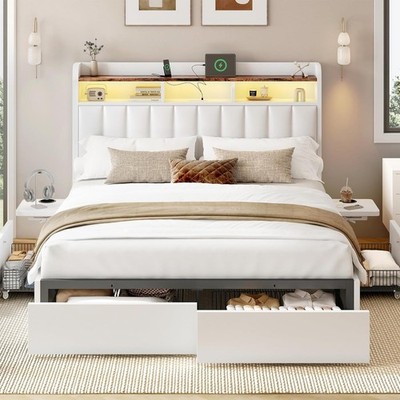 Queen Bed Frame with Headboard,4 Storage Drawers,and Built-in Adjustable Desk,