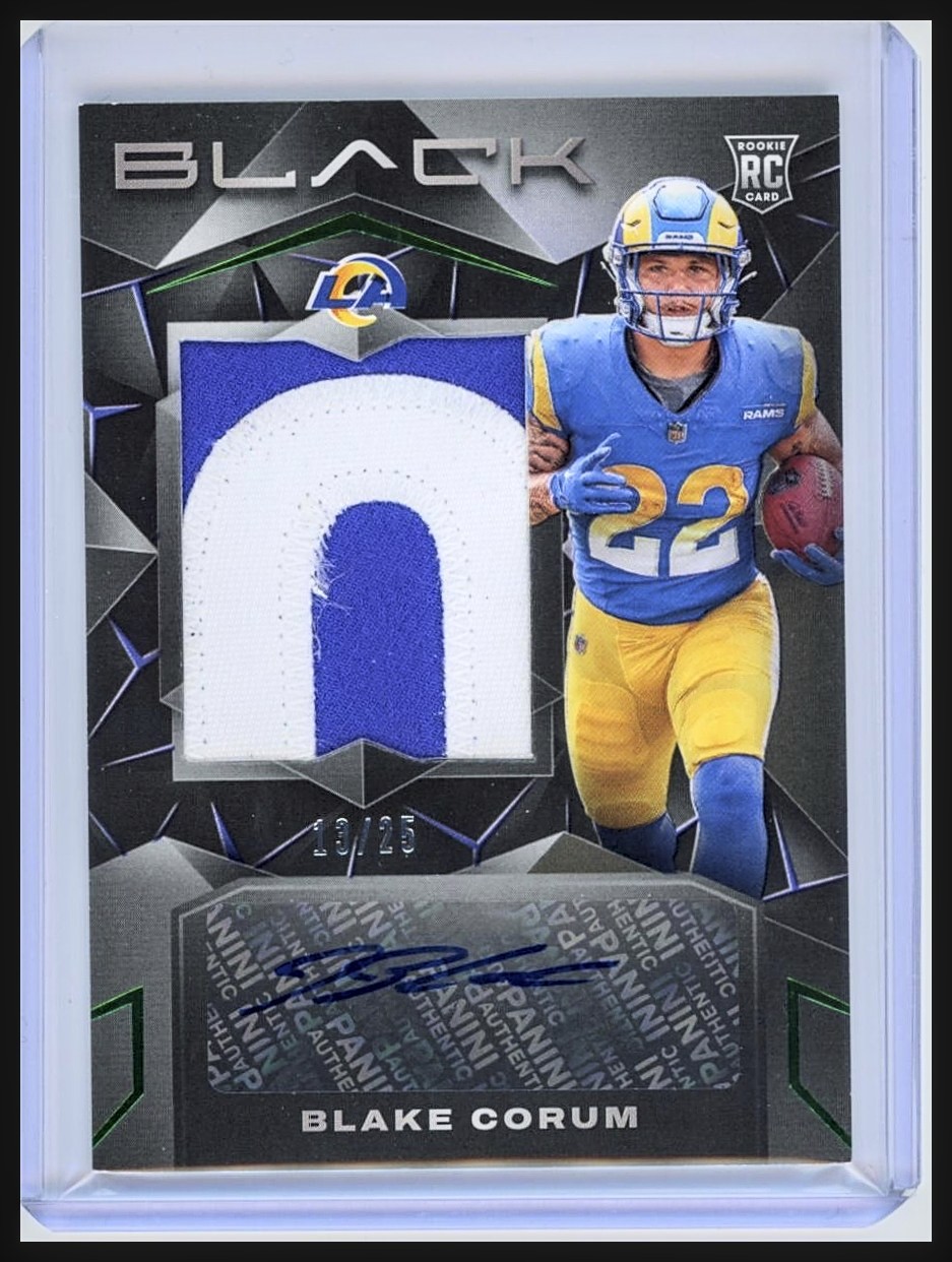 2024 Panini Black #219 Blake Corum Emerald RC RPA Patch Auto /25 Rams