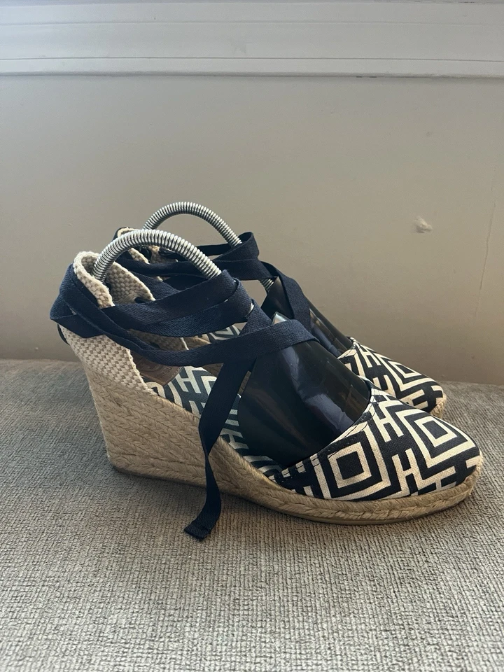 Sapatos anabela Tory Burch feminino espadrille * biqueira redonda com cadarço azul marinho natural tamanho 41 - Imagem 3 de 4