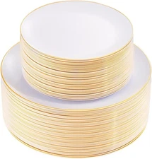 100PCS Disposable Plates - White with Gold Rim for Thanksgiving Party/Wedding 