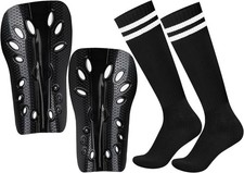 Adults Soccer Shin Guards and Socks Lightweight Breathable Big, Black