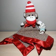 Sock Monkey Lovey Plush Security Blanket White Red Snuggle Buddy Baby Starters