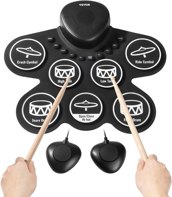 Electronic Drum Set, 7 Pads, Roll-Up Practice Drum Pad with Speaker, Headphone J