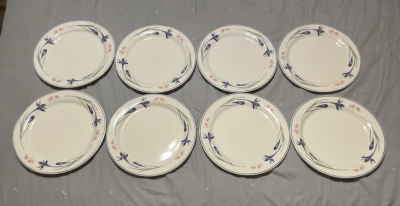 Set of 8 Forever Spring Stoneware Dinner Plates – Blue Iris Floral Pattern