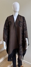 Reversible Fringe Hem Shawl Cape Wrap Poncho, Black/Brown