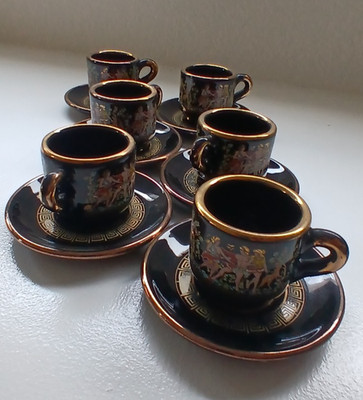 Hand Made in GREECE 24K Gold TEA CUP & SAUCER Greek Mythology Black SET OF 6