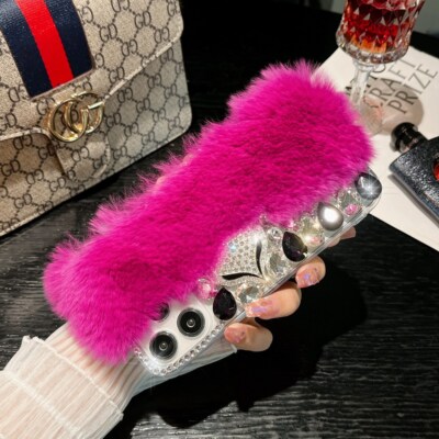 For iPhone 15 Pro Max 14 13 12 X Case Luxury Fur Plush Fox Bling Diamond Cover