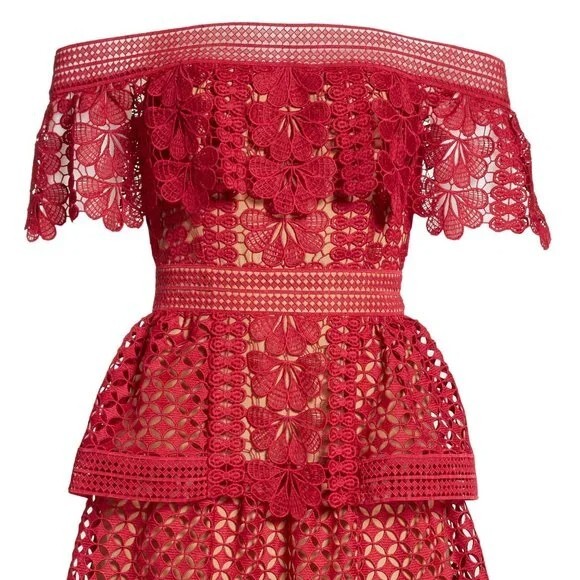 SELF-PORTRAIT Off-the-Shoulder Guipure Lace Red Mini Dress - Size UK4/US0 |  eBay