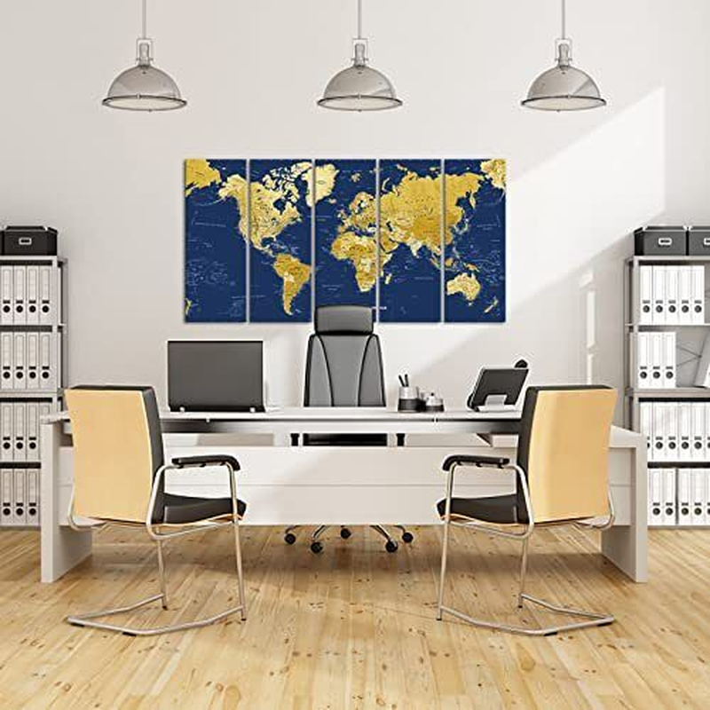 5 Panel Blue and Gold World Map Wall Art Abstract Prints Paintings on