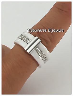 Bague Large En Céramique Blanche Et Zirconium - Argent 925, Taille 54, Marque Bijouxia, Neuf Avec étiquettes