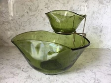 Vintage Anchor Hocking Chip and Dip Set Avocado Green Glass 3 Piece Set