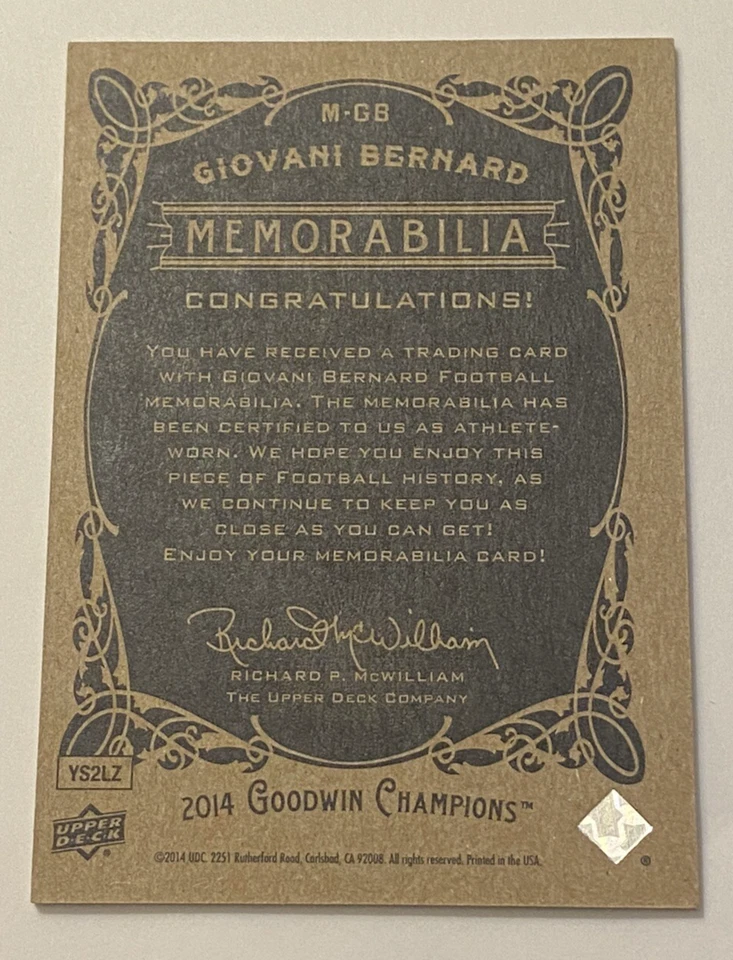2014 Upper Deck Goodwin Champions Memorabilia Giovani Bernard # M-GB  - Image 2 of 2