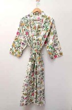 Indian Cotton Robe Long Kimono Sleepwear White Floral Printed Night Kimono Robe
